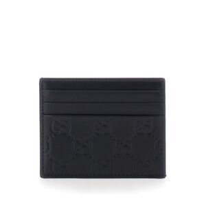 Gucci Men Black Emblem Card Holder With Gg Motif In Leather For Men